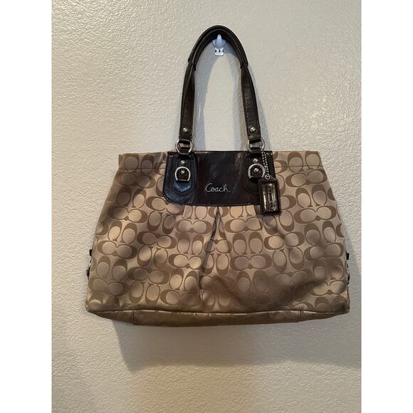 COACH Ashley Signature Khaki Brown signature Patent Oversized Carryall Handbag - Picture 1 of 7